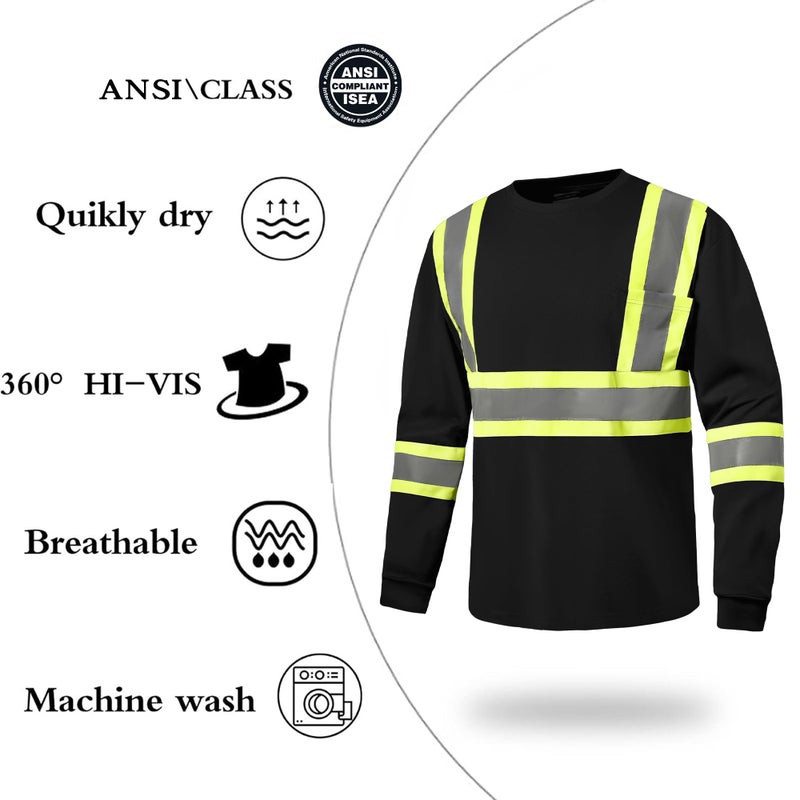 DPSAFETY Hi Vis Safety Long Sleeve Shirts,High Visibility Class 3 T Shirts with Reflective Strips and Pocket, Quick Dry Mesh Construction Work Shirt for Men/Women (Black,5XL) - Image 2
